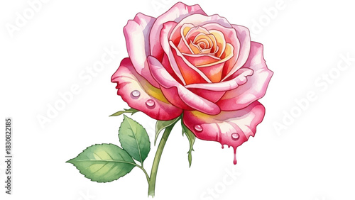 Watercolor Rose Illustration with Pink and Yellow Petals