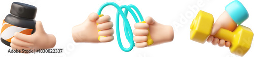 A set of 3D icons of hands, a jar of supplements, a jump rope, and dumbbells, in yellow and blue.