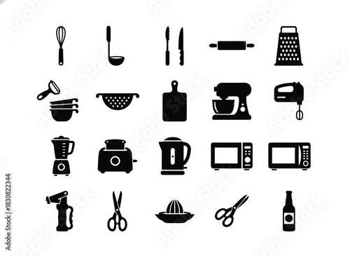 Set of black kitchen utensil and appliance icon