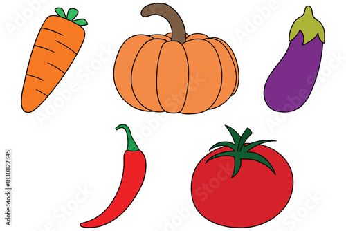 Hand-drawn cartoon set of vegetables on a white background. Carrot, pumpkin, eggplant, chili pepper, tomato.