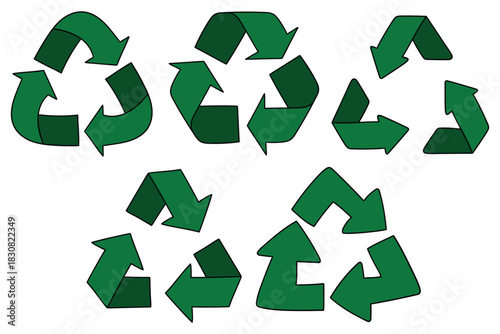 Hand-drawn cartoon set of green recycle symbols on a white background.