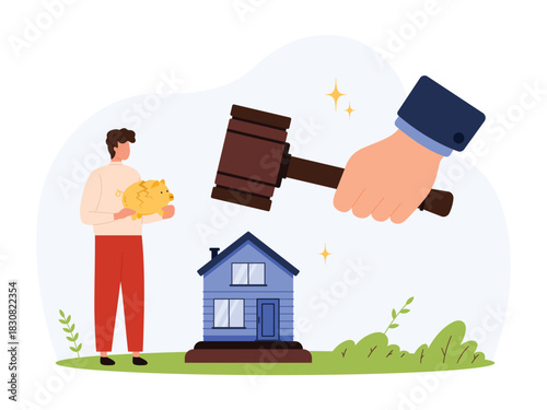 Man holding broken piggy bank facing house foreclosure with large auction gavel symbolizing debt, financial loss, property sale, and economic hardship isolated vector illustration