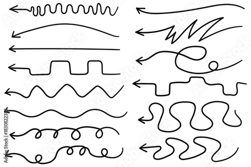 Hand-drawn doodle set of curved arrows pointing left on a white background.