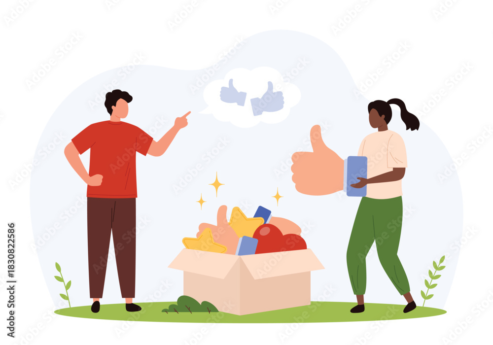 Fototapeta premium Two characters select large thumbs up icons from a box, representing feedback, approval, and positive choice in a modern flat style isolated vector illustration