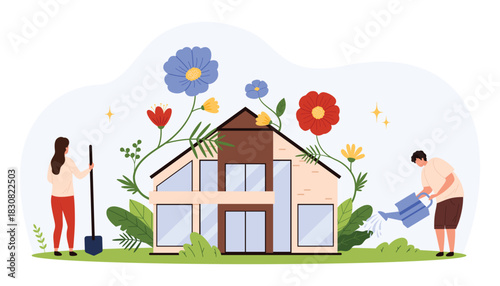 Sustainable home surrounded by large colorful flowers, man watering plants, woman with shovel, promoting green energy, nature care, flat style isolated vector illustration