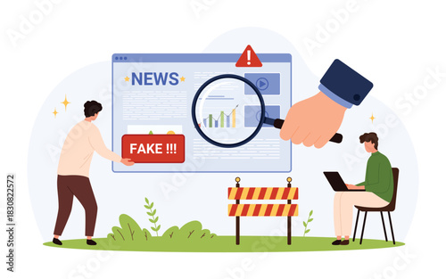 Detecting misinformation on digital news platforms with magnifying glass, warning signs, and people investigating online content, flat style isolated vector illustration