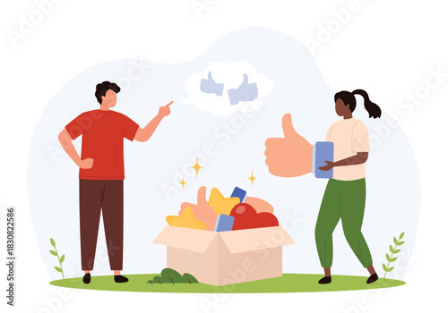 Two characters select large thumbs up icons from a box, representing feedback, approval, and positive choice in a modern flat style isolated vector illustration