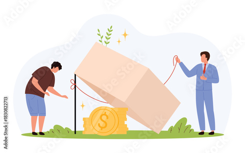 Businessman in suit sets up a box trap with gold coins as bait while another person approaches, symbolizing financial risk, deception, and investment danger isolated vector illustration