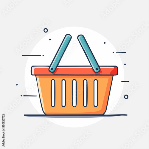 Orange Shopping Basket With Blue Handles On White Circular Background And Grey Line Designs