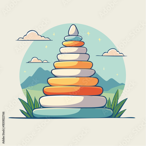 Colorful Stacking Ring Toy in a Lush Green Landscape Under a Blue Sky with Fluffy Clouds and Distant Mountains