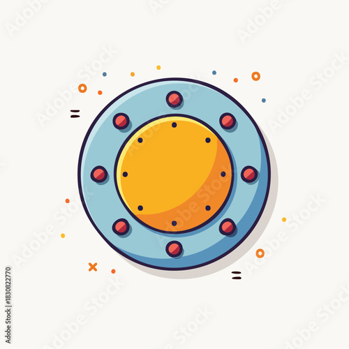 Round Blue Shield With Red Dots And Yellow Center On White Background Pixel Art