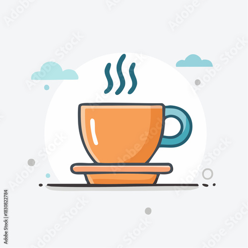 Orange Coffee Cup With Blue Handle Steaming Hot Beverage on a Saucer with Small Clouds and Dots Decoration on a Light Blue Background