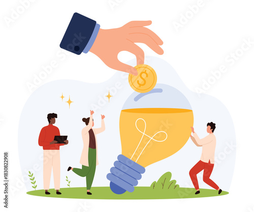 Business team supporting innovation with crowdfunding, giant hand placing coin in lightbulb, people celebrating investment, flat style, teamwork, finance, isolated vector illustration