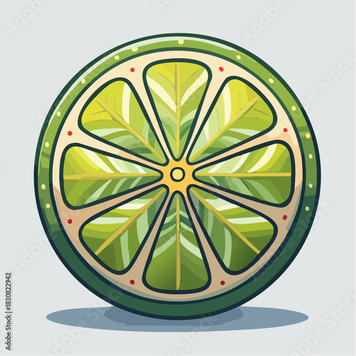 Detailed Pixel Art Lime Slice With Yellow Center And Green Segments Against Light Gray Background With Subtle Shadow