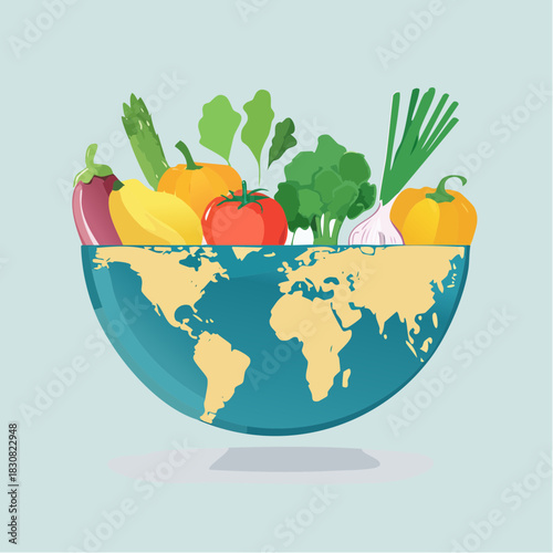 Global Harvest Of Fresh Produce Over World Map Illustration With Colorful Vegetables And Greenery In A Light Blue Background
