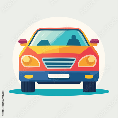 Modern Orange and Blue Sedan Automobile Front View Illuminated by Soft Light on a White Background