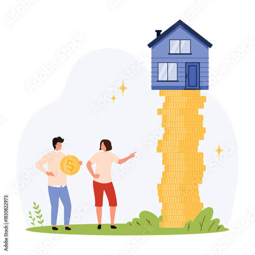 Two people discuss expensive housing as a home sits atop a tall stack of gold coins, symbolizing increasing property prices and financial challenges isolated vector illustration