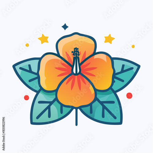 Vibrant Orange Hibiscus Flower with Green Leaves and Yellow Stars on White Background Simple Flat Icon Style