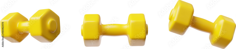 Fototapeta premium Yellow dumbbell 3D cartoon vector icons set, fitness dumbbell strength training, exercise with weights, sport equipment