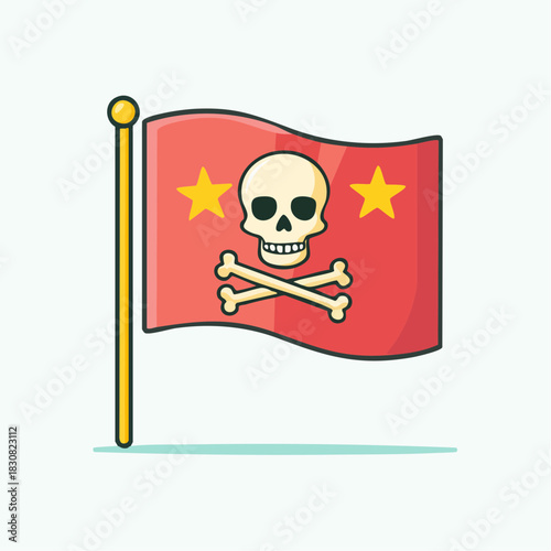 Red Pirate Flag With Skull And Crossbones And Two Yellow Stars On A Yellow Pole With A Light Blue Background