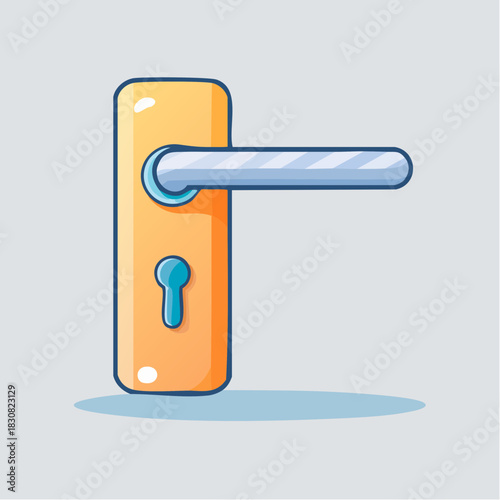 Close up of a golden door handle with a blue keyhole and silver lever against a light gray background with a subtle shadow underneath