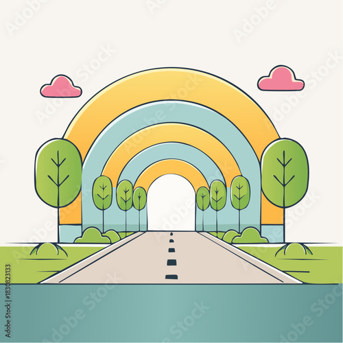 Vibrant Rainbow Archway Leading Down a Tree Lined Road on a Bright Sunny Day
