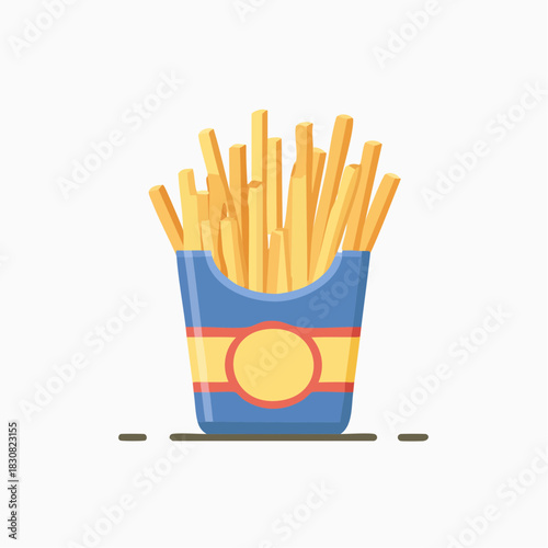 Crispy Golden French Fries in Blue Cardboard Container with Yellow Circle Detail on White Background Minimalist Illustration