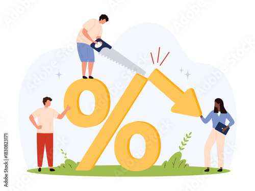 Business people interacting with large yellow percentage sign and downward arrow, symbolizing economic inflation decrease, tax reduction, and financial improvement, isolated vector illustration