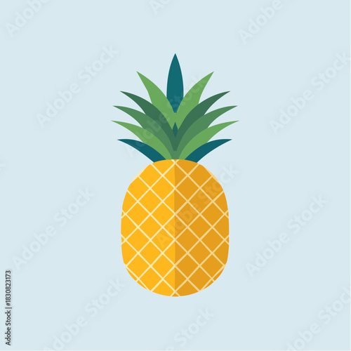 A Vibrant Yellow Pineapple with Green Leaves Centered on a Soft Blue Background Detailed Tropical Fruit Illustration with Geometric Pattern