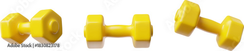 Yellow dumbbell 3D cartoon vector icons set, fitness dumbbell strength training, exercise with weights, sport equipment