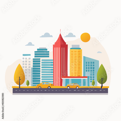 Modern Cityscape With Tall Buildings Trees Cars and a Sunny Sky Vector Illustration