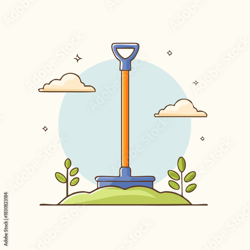 Pixel Art Shovel and Rake Tool on Green Mound with Clouds and Plants Simple Illustration