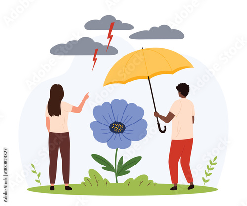Two people shelter a blue flower with a yellow umbrella from dark clouds and lightning, symbolizing support, protection, and mental health in adversity isolated vector illustration