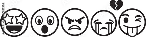 Variety of emotions expressed through simple emoji icons black outline