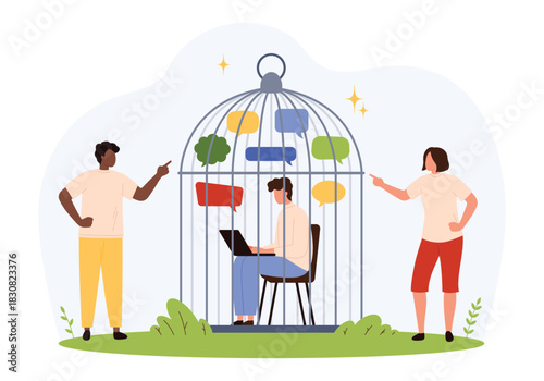 Man sitting inside cage with laptop surrounded by chat bubbles while two people point at him concept of internet addiction social isolation digital communication flat isolated vector illustration