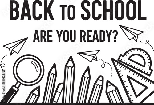 Back to school monochrome doodles with stationery vector design