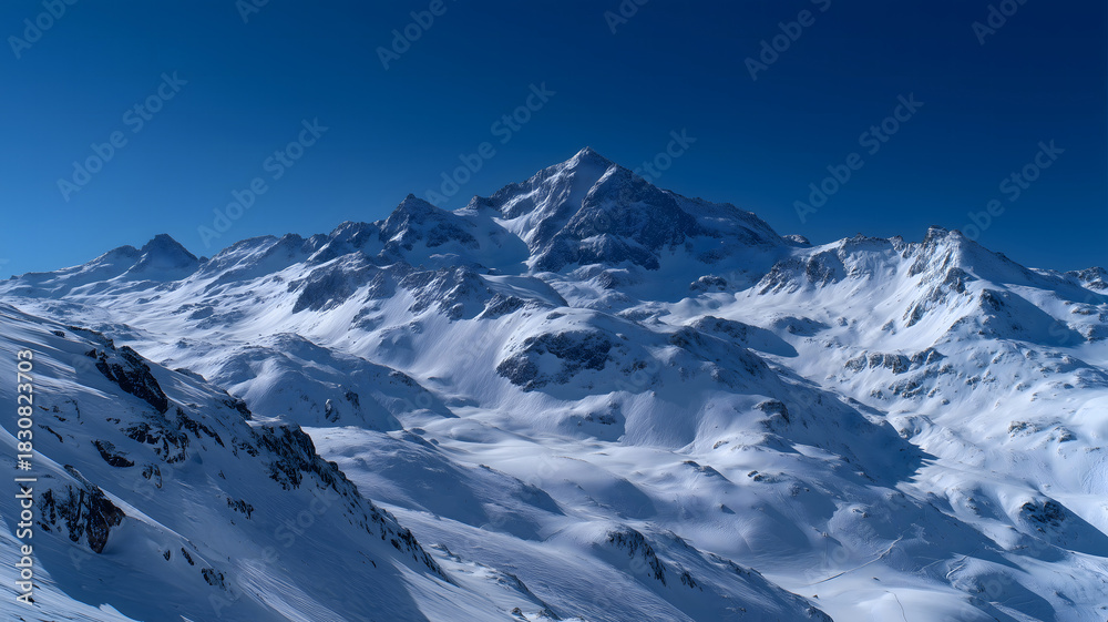 Obraz premium Snowy mountain range under clear blue winter sky