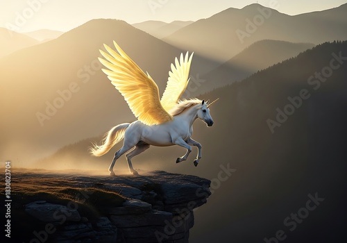 Winged Unicorn on Mountain Cliff at Sunrise or Sunset. Generative Ai
