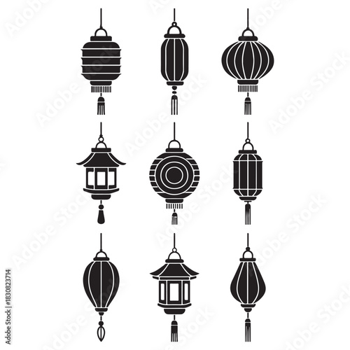  Traditional Asian Hanging Lanterns Icon vector