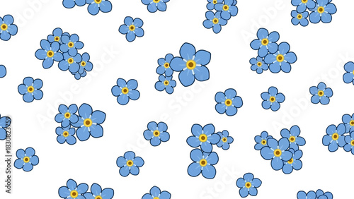 Charming seamless pattern featuring scattered blue forget-me-not flowers. A delicate and simple botanical vector illustration for spring
