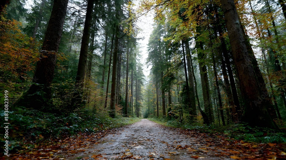 Obraz premium A serene forest path covered with fallen leaves and surrounded by towering trees representing the passage of time transformation and the interconnectedness of living systems 