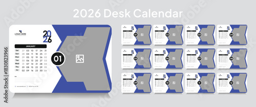 Customizable desk calendar 2026 template, corporate desk calendar schedule 2026 monthly 12-page planner layout, editable vector eps 10 file format