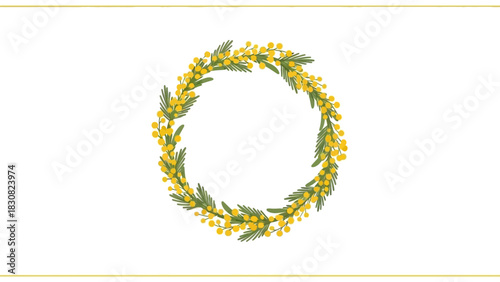 A delicate floral wreath, crafted from vibrant yellow mimosa flowers and green foliage, encircles a blank canvas, ideal for invitations and celebratory designs