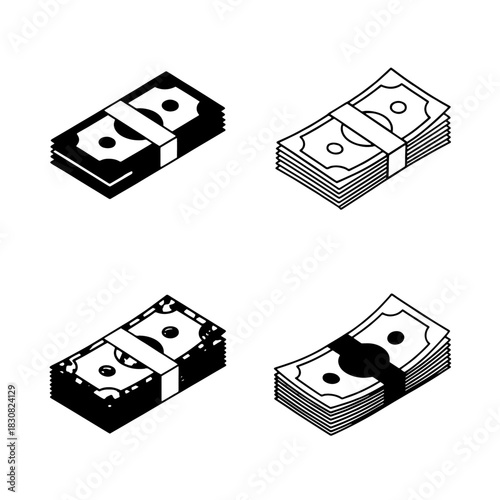 Four isometric stacks of paper currency, each bundled with a white or black band.
