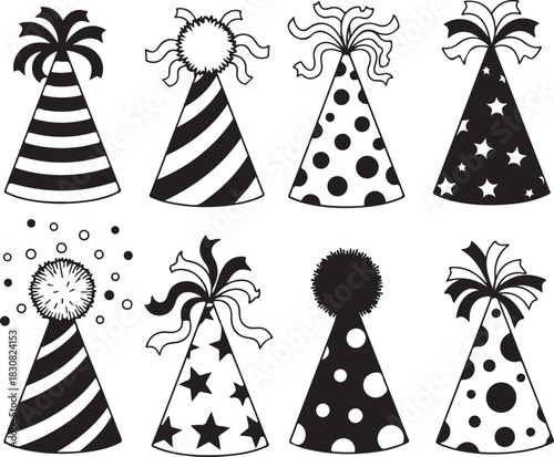 Collection of festive party hats in black and white