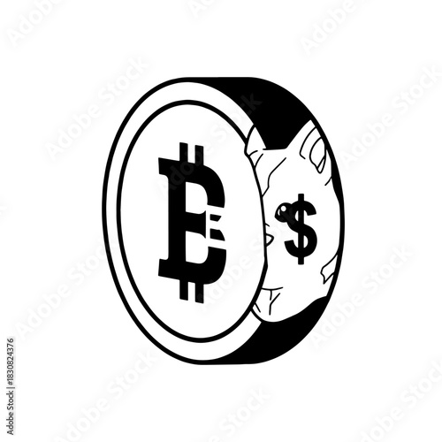 A stylized graphic depicting a Bitcoin coin with a cat's face and dollar symbol.