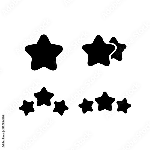 Four star rating icons in black silhouette, showing one, two, three, and three stars in different arrangements.