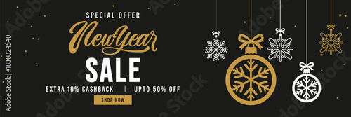 Elegant New Year sale banner with black background, gold and white typography, hanging snowflake ornaments and stars, promoting special offer holiday discount. 