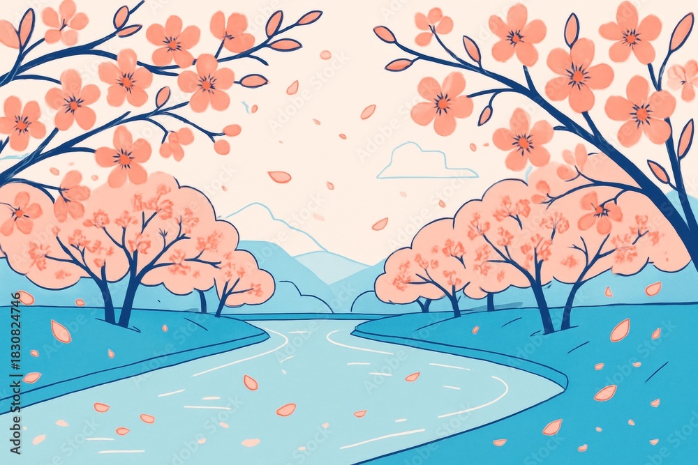 Obraz premium Cherry blossom trees along riverside in spring landscape with falling petals and mountains in soft abstract pastel nature background style. Ai generative