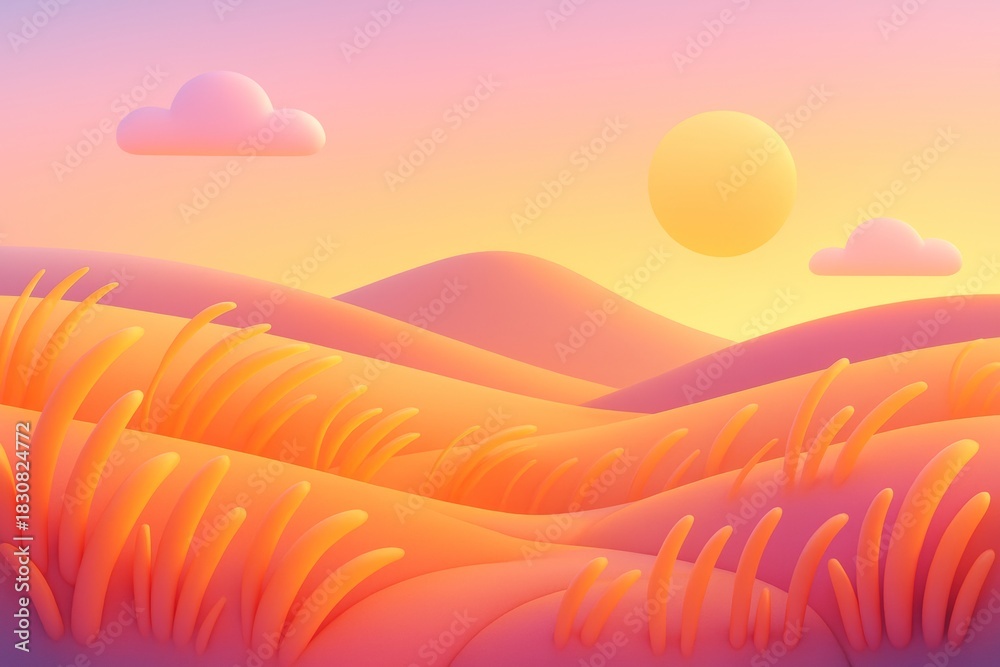 Naklejka premium Surreal pastel landscape with rolling hills, soft clouds, glowing sun and stylized grass in warm sunset light, perfect dreamy background scene. Ai generative